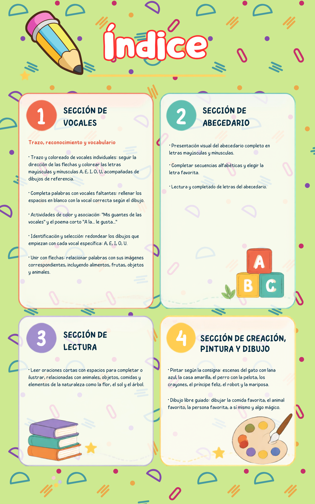 Libro de actividades: vocales, abecedario, lectura y dibujo