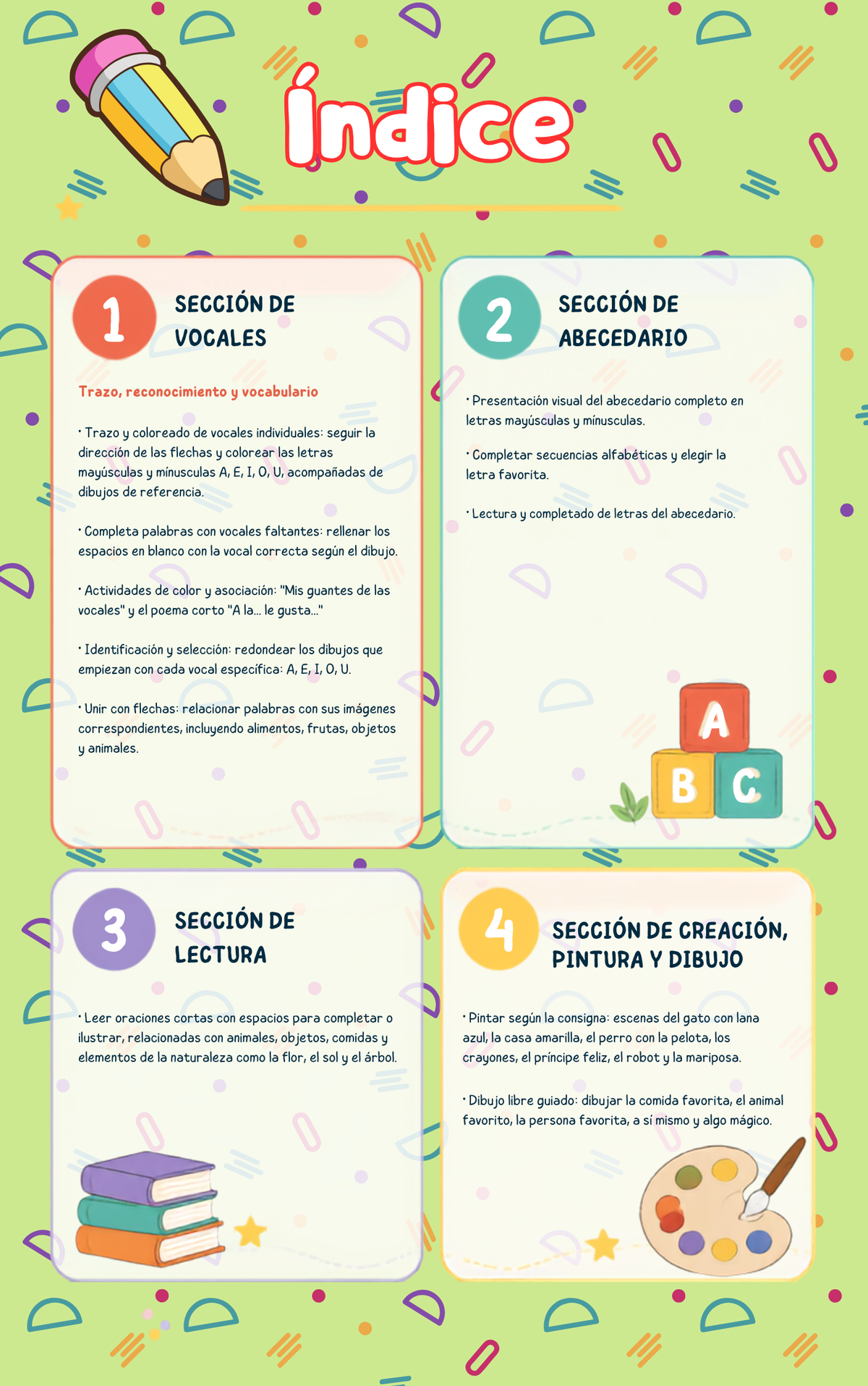 Libro de actividades: vocales, abecedario, lectura y dibujo